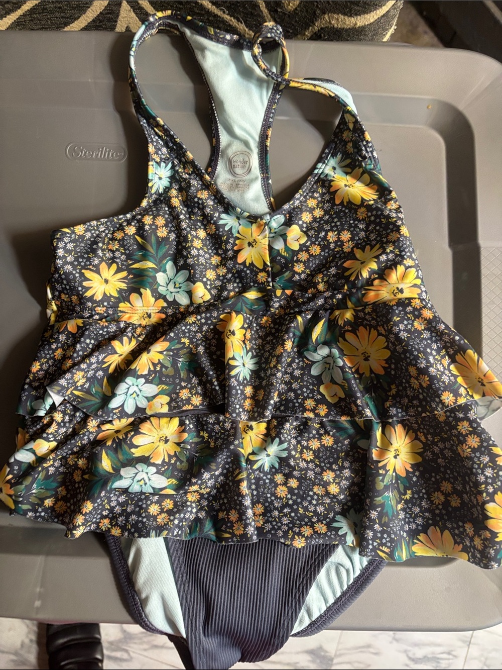 wonder nation Floral Ruffle Swimsuit - Yellow & Aqua on Black